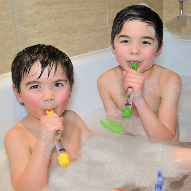 Boys in bath playing Bath Time Flutes from Pollywiggles