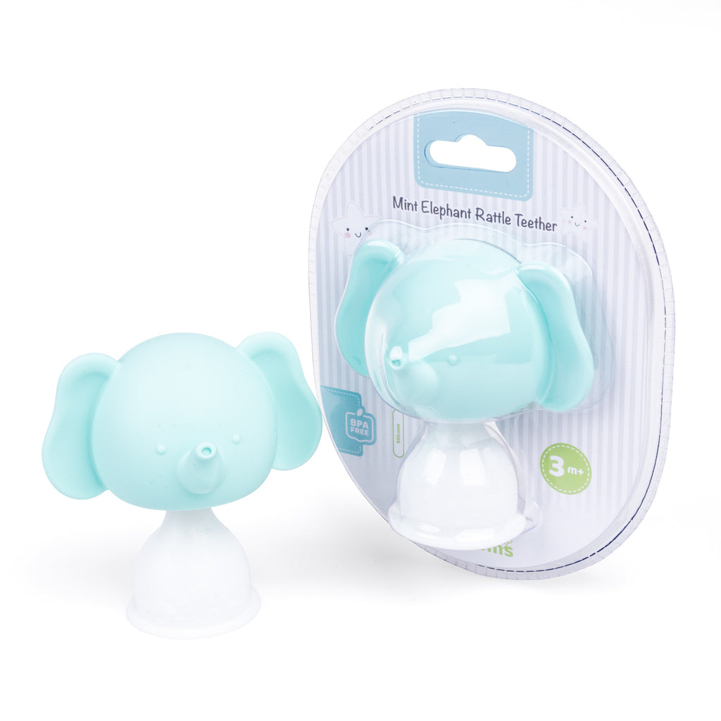 Elephant Rattle Silicone Teether in Mint (product view) - Shop Online | pollywiggles.co.za